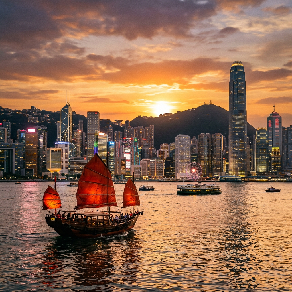 Traditional junk boat with red sails on water near Hong Kong skyline at sunset