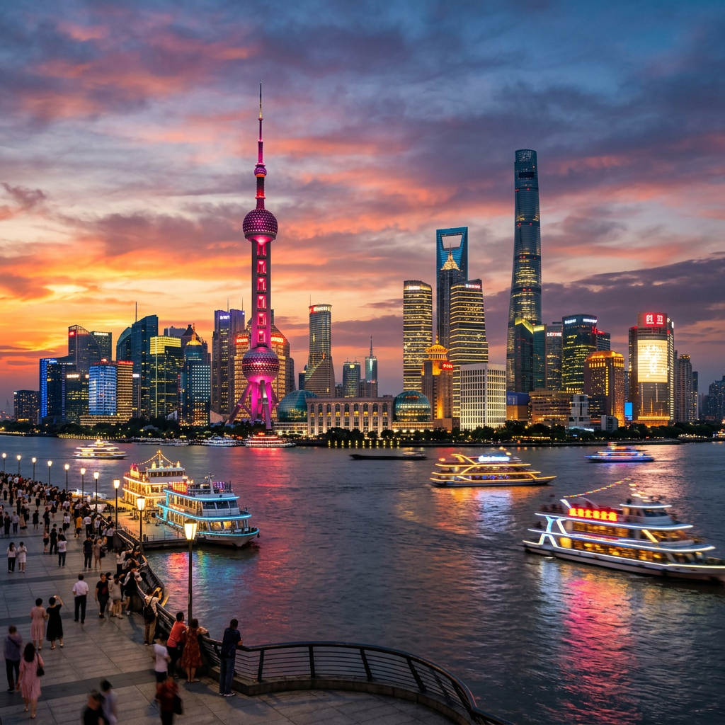 Shanghai skyline with Oriental Pearl Tower at sunset